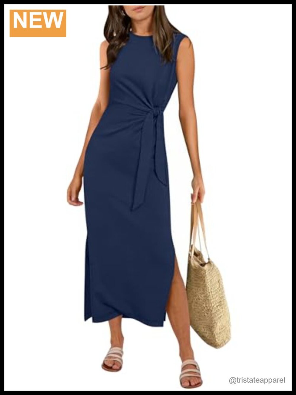 Womens Wrinkle-Free Tank Maxi Dress Slim Fit Sleeveless Crew Neck Tie Waist
